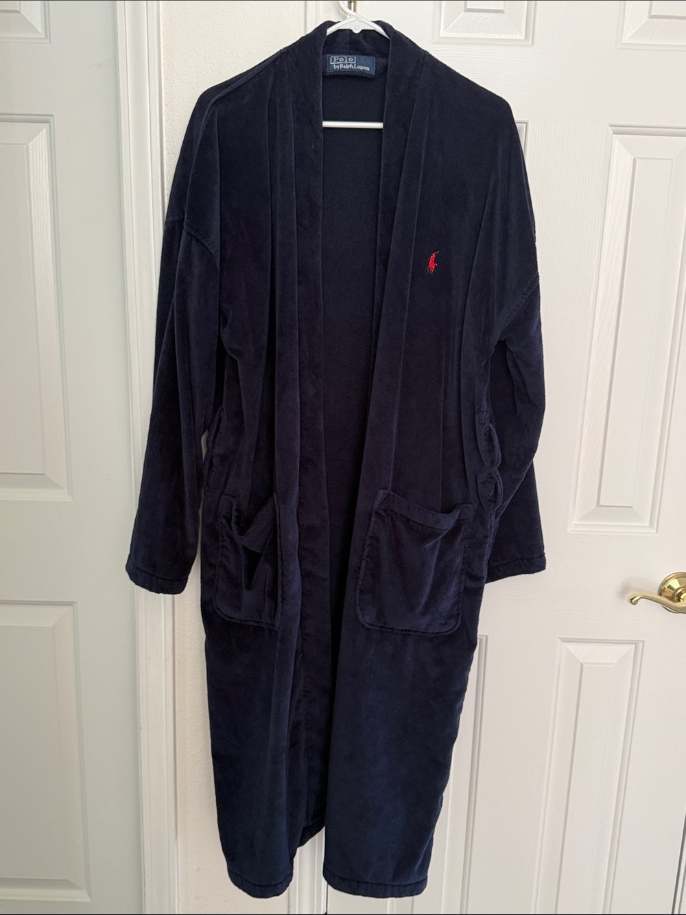 Polo by Ralph Lauren Navy Open Front No Belt Robe with Red Pony Logo. One Size.
